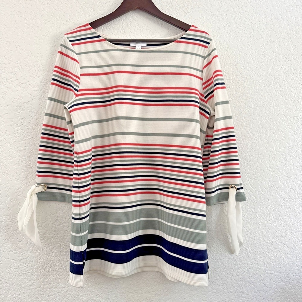 Charter Club Striped Boatneck Top Nautical Ribbed Knit 3/4 Sleeve Bows Size L